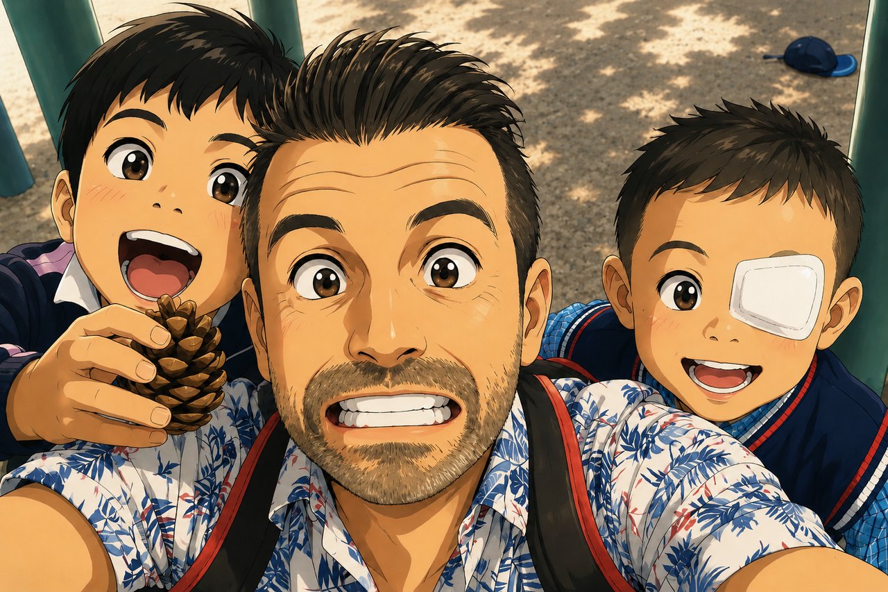 Benjamin and his two boys at the park — anime-style illustration